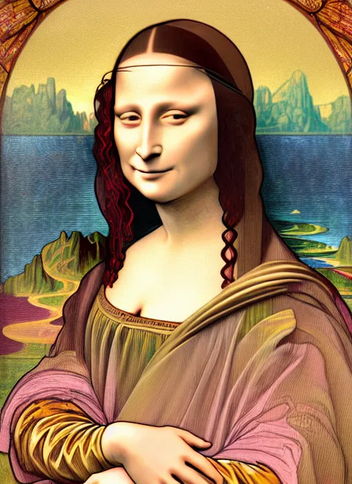 Prompt: Mona Lisa, big red eyes, peaceful expression, fantasy, intricate pink and gold ornate suit, modeling for Dulce and Gabanna, accurately portrayed, portrait art by James Jean and Alphonse mucha, highly detailed, digital painting, concept art, illustration, multiversal paradise shining rgb luxurious lights, trending on artstation, very detailed, smooth, sharp focus, octane render, close up