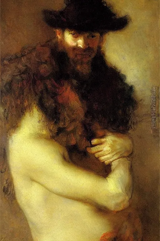 Prompt: attractive male, painting by rembrandt, gaston bussiere