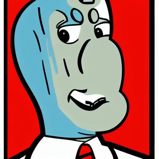 Prompt: handsome squidward style, strong man, big smile, hero, cleft chin, handsome, pop art portrait