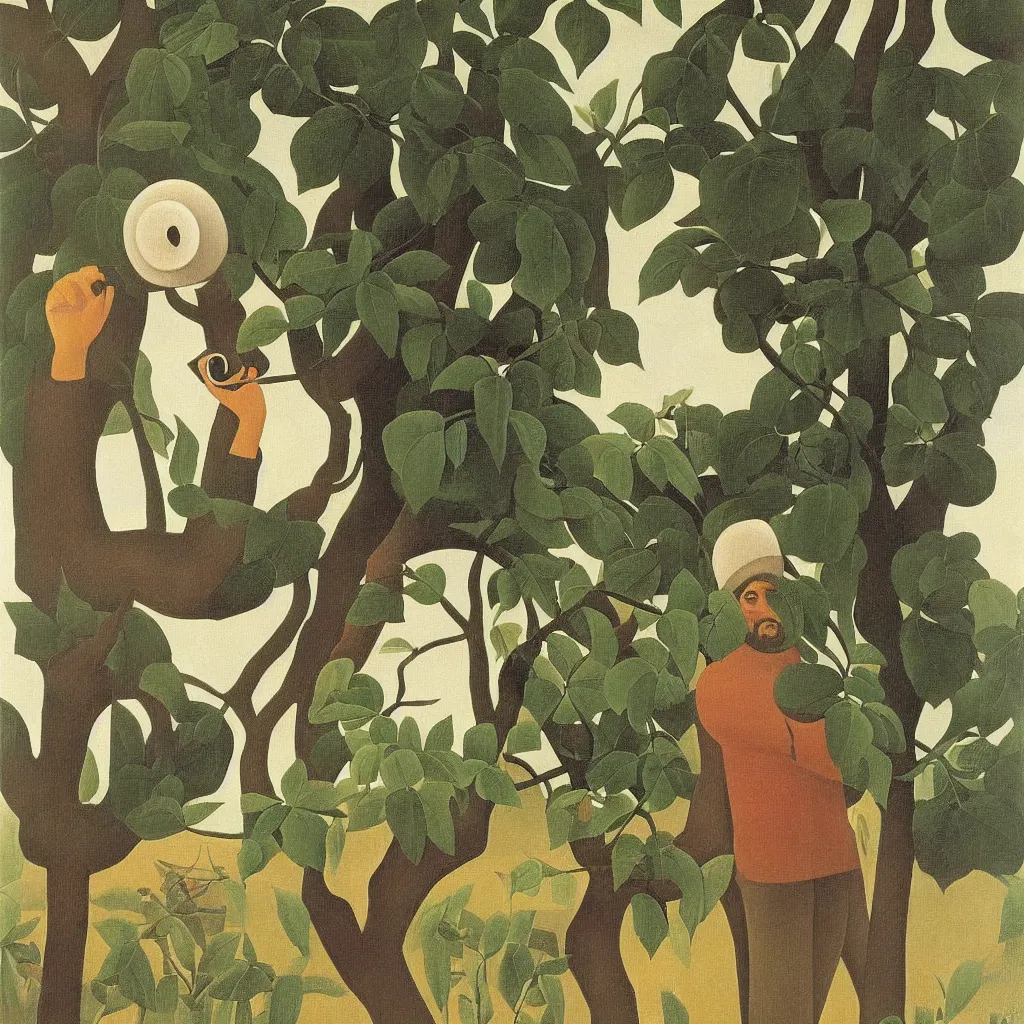 Image similar to i, a man wearing headphone and playing his iphone, by henri rousseau