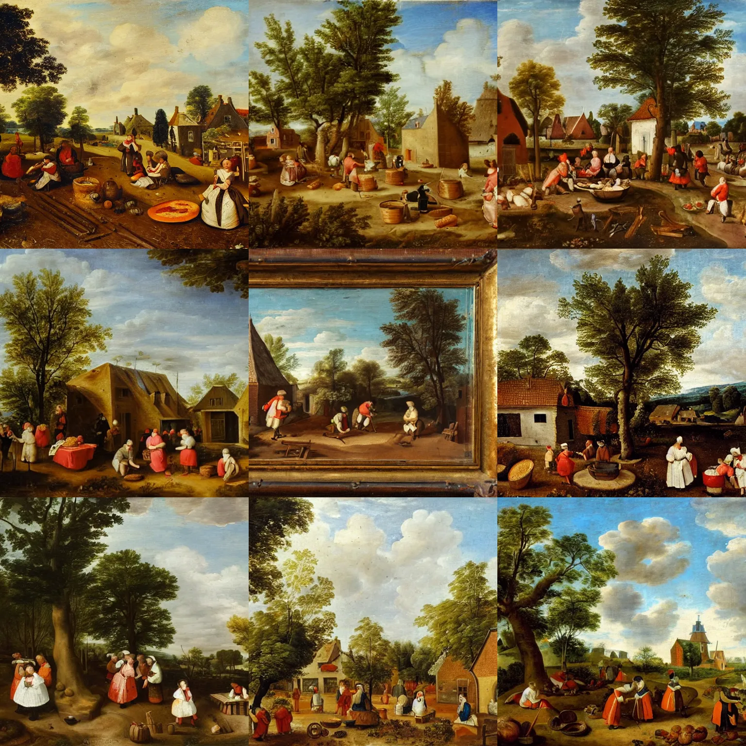Prompt: Dutch landscape oil painting from 1600s: People baking Pizza in a garden