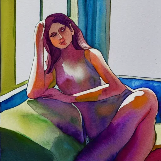 Image similar to watercolor painting of a female body sitting on a sofa, infront of window light.