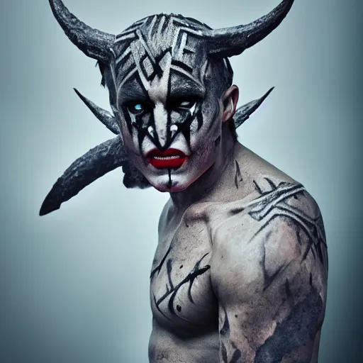 Prompt: a demon inspired by runes created by the make up artist hungry, photographed by andrew thomas huang, cinematic, expensive visual effects