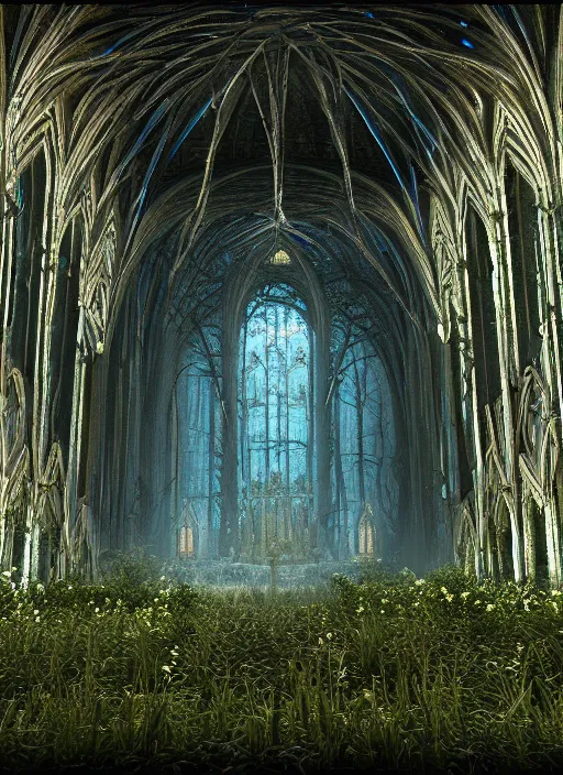 Prompt: mycelium growing into a cathedral in magical forest, 3 d render in octane, glossy, fractals, beautiful lighting, fog, depth, under water, ernst haeckel