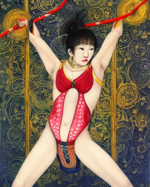 Image similar to Ai Tominaga as a circus acrobat, painting by Chie Yoshii