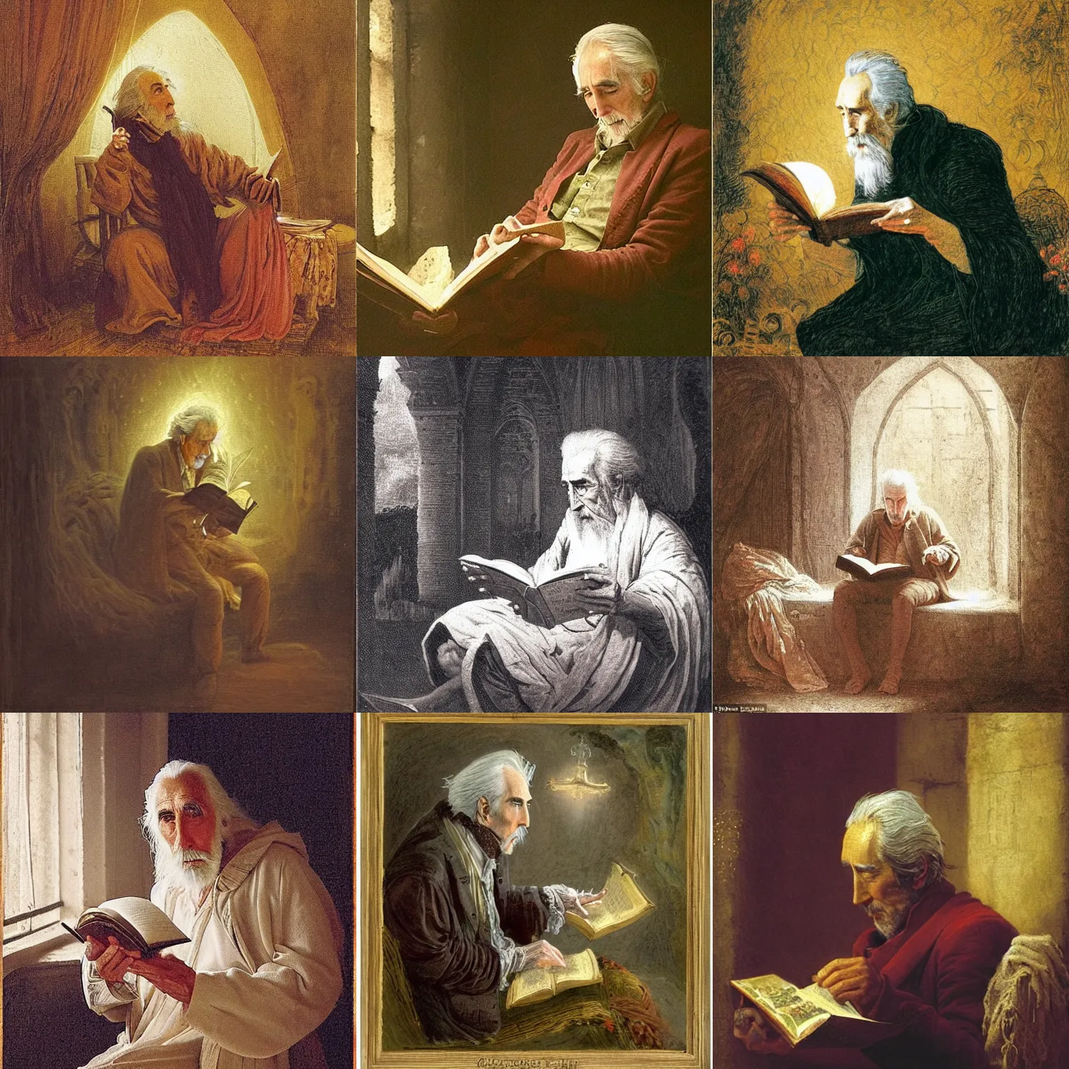 Prompt: a 1 3 th century, enigmatic, melancholic, fae wizard ( look like ( ( eighty years old christopher lee ) ), is ( ( reading an old book ) ). light dust, magnificent, hyperdetailed, theatrical, painted by jean honore fragonard