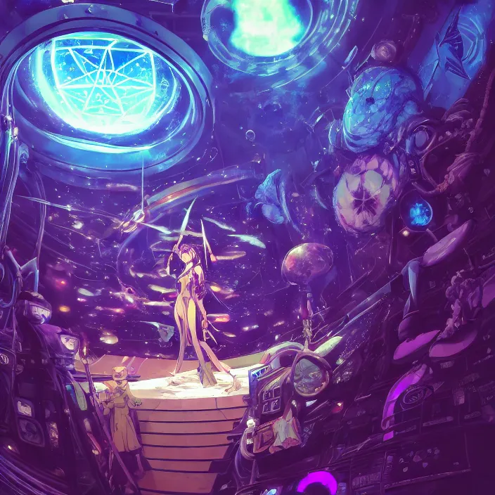 Image similar to Albedo from overlord, mamimi samejima, psychedelic background, epcot, inside a space station, eye of providence, female anime character, Lain, uwu, uwu, Luminism, Tomas Sanchez, Karla Knight, surrealism, Simon Stålenhag, M. C. Escher, Ruan Jia, uwu Hi-Fructose, Artstation, HD, HDR, High Resolution, technological rings, giygas