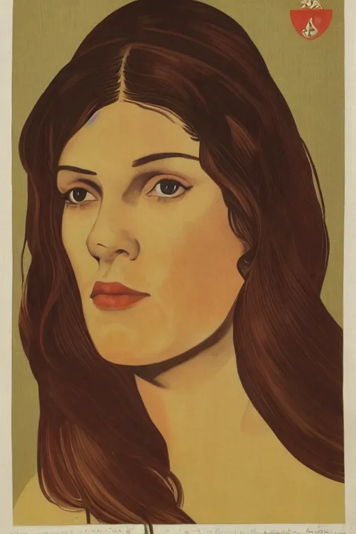 Prompt: young woman with long dark hair, serious look, peasant dress, soviet propaganda art