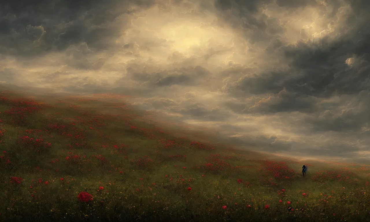 Prompt: breathtaking digital painting of a plains landscape in luxurious nature, with intricate art nouveau moody dark tumultuous clouds, at dawn with roses and golden petals flying, concept art, matte, by johannes voss and seb mckinnon,