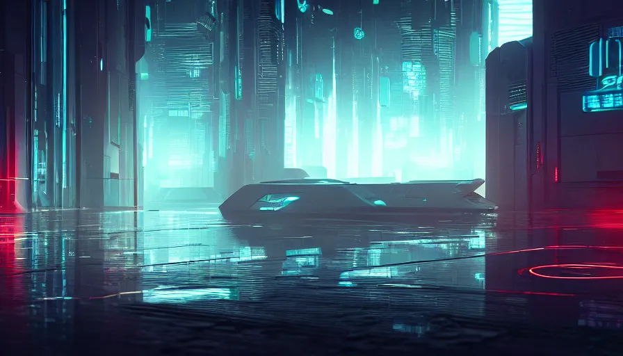 Image similar to concept art of a futuristic dark cyberpunk distopia with reflections, rendering in octane and redshift