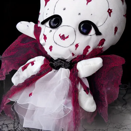 Prompt: cute fumo plush of the nightmare princess, gothic regal and tattered black, broken hearts, tragic wraith, vray, web of tendrils, arachnid, wink