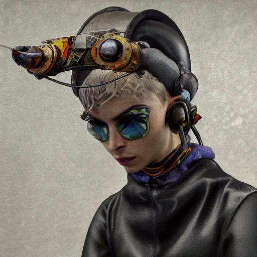 Image similar to italian solarpunk curator in an art gallery with extremely detailed headsets and gloves, inspired by die antwoord beautiful, hand painted textures, cloth physics, deviantart, karol bak, masamune shirow, black and white, photorealistic, concept art, perfect render, 3 d render, pixar, 8 k