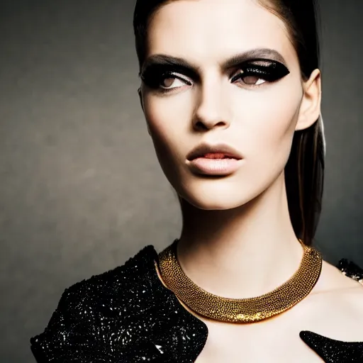 Prompt: close up of face of a fashion model with plated gold on face in luxury dress, black background, official valentino editorial, highly detailed
