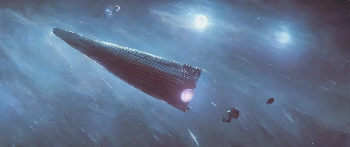 Image similar to concept art, a single lonely spaceship drifting in space, exploring, the expanse tv series, industrial design, lost in the immensity of space, spatial phenomena, cinematic lighting, 4k, greebles, widescreen ratio, wide angle, beksinski, sharp and blocky shapes