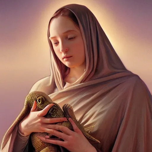 Image similar to surrealist close up illustration of the virgin mary holding a reptile, highly detailed, digital painting, concept art, smooth, sharp focus, illustration, absurd, humorous, photoshop, art by artgerm and greg rutkowski and alphonse mucha