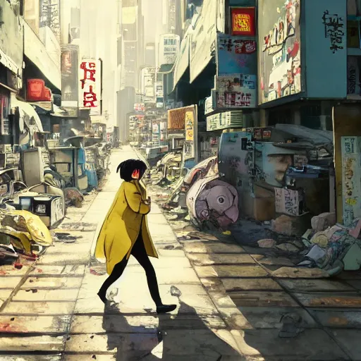 Image similar to incredible wide screenshot, ultrawide, simple watercolor, rough paper texture, ghost in the shell movie scene, backlit distant shot of girl in a parka running from a giant robot invasion side view, yellow parasol in deserted dusty shinjuku junk town, broken vending machines, bold graphic graffiti, old pawn shop, bright sun bleached ground, mud, fog, dust, windy, scary robot monster lurks in the background, ghost mask, teeth, animatronic, black smoke, pale beige sky, junk tv, texture, brown mud, dust, tangled overhead wires, telephone pole, dusty, dry, pencil marks, genius party,shinjuku, koji morimoto, katsuya terada, masamune shirow, tatsuyuki tanaka hd, 4k, remaster, dynamic camera angle, deep 3 point perspective, fish eye, dynamic scene