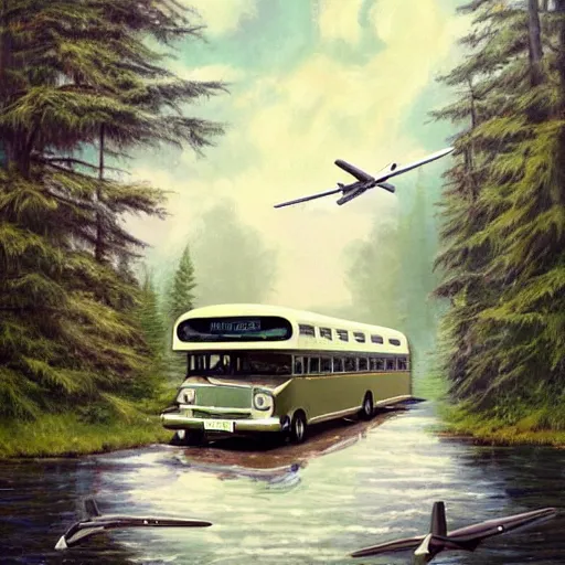 Prompt: a [ 5 0 s bus with airplane wings ] floats above a forest and lake, [ oil painting ]!!, trending on cgsociety, 4 k