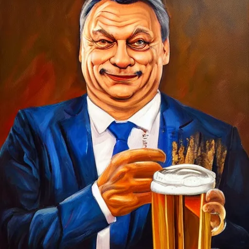 Prompt: viktor orban drinking beer, anatomically correct, oil painting, highly detailed