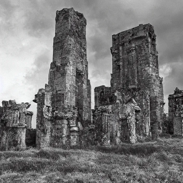 Prompt: silvered lands of eerie grandeur and deep winds beneath weighty blanket of antiquity, ancient towers of nearly crumbling stone. glades with ancient mystic gates. forbidden horrors unearthed dwelling amidst the bogs and glebes