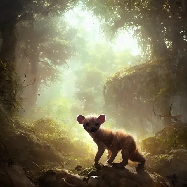 Prompt: a beautiful painting of a cute brown baby hyena in a forest. disney character design by cory loftis, fenghua zhong, ryohei hase, ismail inceoglu and ruan jia. artstation, volumetric light, detailed, photorealistic, rendered in octane