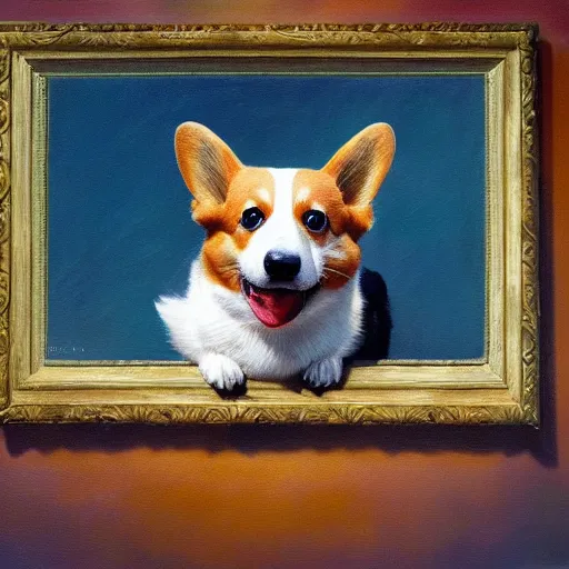 Image similar to an corgi leaving the nest to fly for the first time, oil on canvas, portrait, intricate, 8k highly professionally detailed, HDR, CGsociety