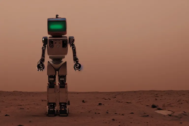 Prompt: a relaxed robot standing on mars looking at a mars base, blender render, 8 k, red lighting, misty, smog,