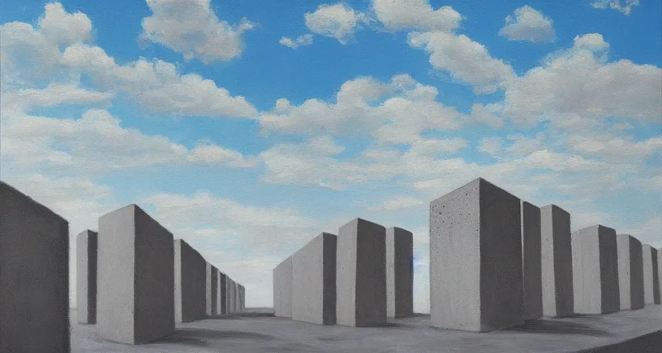 Image similar to world of only concrete, a flat endless plane of concrete covered in thin, very tall concrete pillars talk enough to go above the frame that go on to the horizon, open sky, blue sky with clouds, god rays, beautiful painting, oil on canvas, by Ewa Czarniecka, award winning masterpiece,