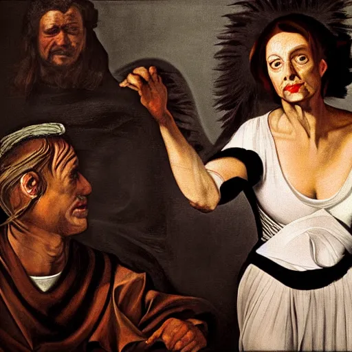 Image similar to Nancy pelosi painted as Medusa by Caravaggio