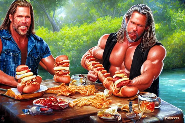 Image similar to portrait of wwf shawn michaels and wcw kevin nash sharing hotdogs, an oil painting by ross tran and thomas kincade