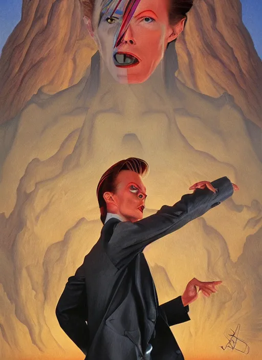 Prompt: twin peaks poster art, portrait of david bowie fights off the temptation to deindividuation, by michael whelan, rossetti bouguereau, artgerm, retro, nostalgic, old fashioned