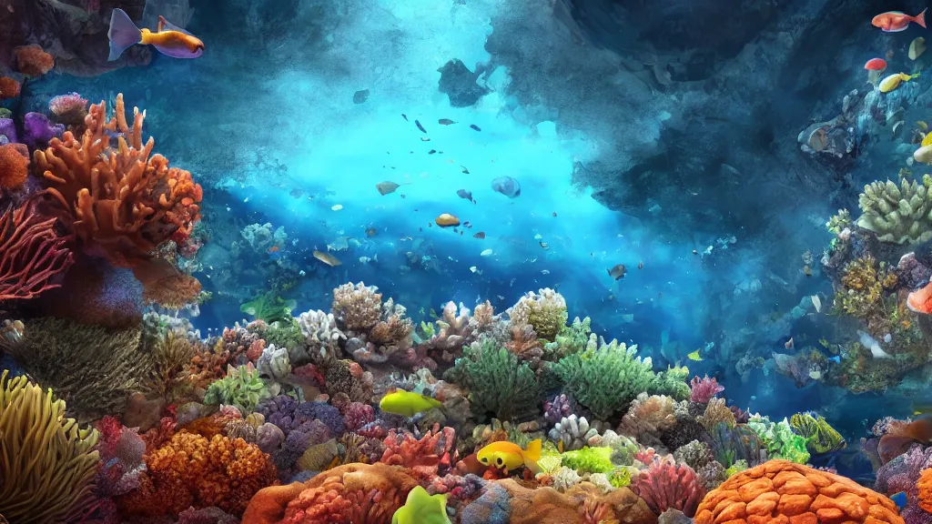 Image similar to The Australian barrier reef as seen from underwater with lots of fish, very very very beautiful scenery, hd, hdr, ue5, ue6, unreal engine 5, cinematic 4k wallpaper, 8k, ultra detailed, high resolution, artstation, award winning