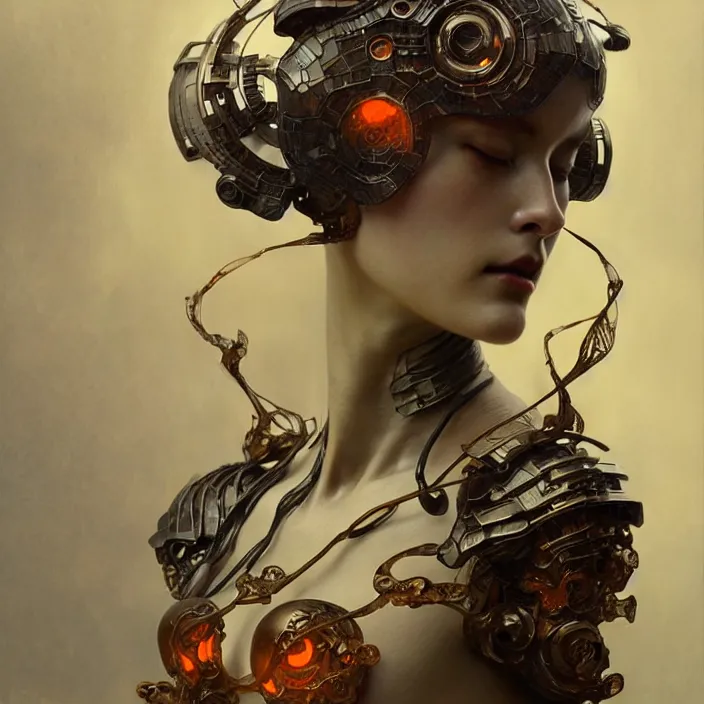 Prompt: ceramic cyborg, japanese raku, diffuse lighting, fantasy, intricate, elegant, highly detailed, lifelike, photorealistic, digital painting, artstation, illustration, concept art, smooth, sharp focus, art by John Collier and Albert Aublet and Krenz Cushart and Artem Demura and Alphonse Mucha