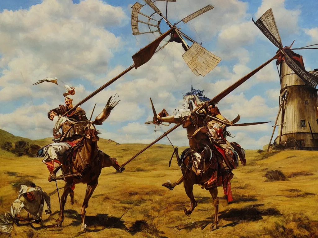 Image similar to oil painting of don quijote attacking a windmill, hyperrealism, highly detailed, pre - raphaelite style