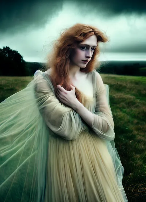 Image similar to kodak portra 1 0 0 photo medium portrait of a pre - raphaelite blond beautiful woman, dress in dark tulle, dreamy mood, fine art photography in style of nicholas fols, 1 5 0 mm, emotionally evoking, head in focus, stormy clouds outdoor, matt mute colour background, volumetric lighting, hyper realistic, ultra detailed