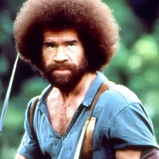 Image similar to A still of Bob Ross as Rambo in Rambo First Blood (1982)