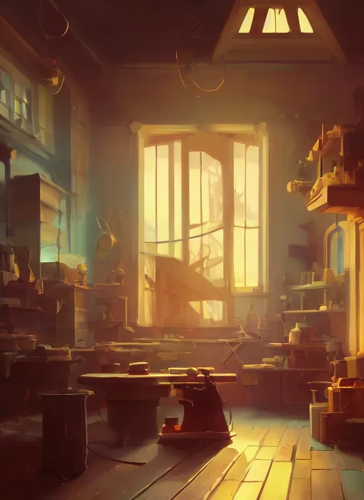 Image similar to beautiful interior of a woodworker shop, james gilleard, delphin enjolras, goro fujita, makoto shinkai, paul lehr, volumetric lighting, octane render, very coherent, trending on artstation