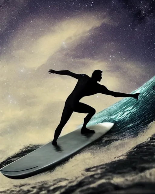 Prompt: a man made of silver surfing the cosmos