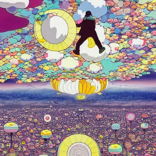 Image similar to a man walking on clouds above kyoto by takashi murakami, beeple and james jean, aya takano color style, 4 k, super detailed