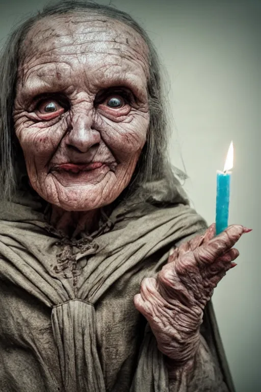 Image similar to old wrinkled woman with pustules, evil smile, medieval clothing, lord of the rings style, highly detailed, creepy atmosphere, candles