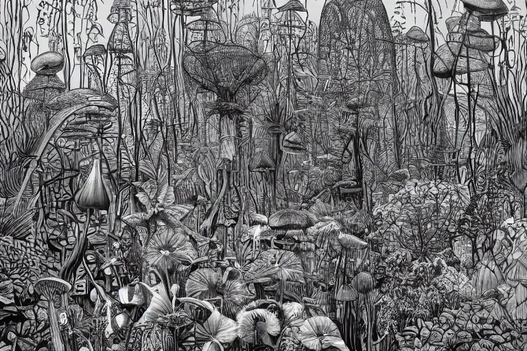 Prompt: surreal line art by ivan ayvazosky and ricardo bofill!!, a lot of jungle flowers and plants + poison toxic mushrooms surrounded by cables + long grass + broken droid + garden dwarf + mystic fog, 5 0's vintage sci - fi style, rule of third!!!!, line art, 8 k, super detailed, high quality