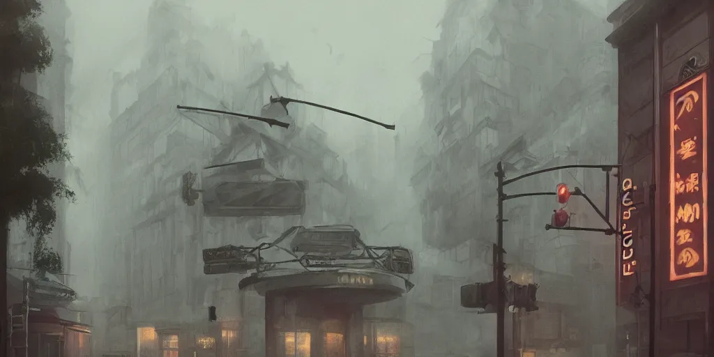 Image similar to an old cinema, foggy rainy day, matte painting, studio ghibli, artstation