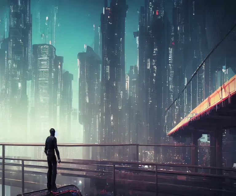 Prompt: a man standing on top of a bridge over a city, cyberpunk art by Vincent Lefevre, behance contest winner, altermodern, cityscape, synthwave, matte painting