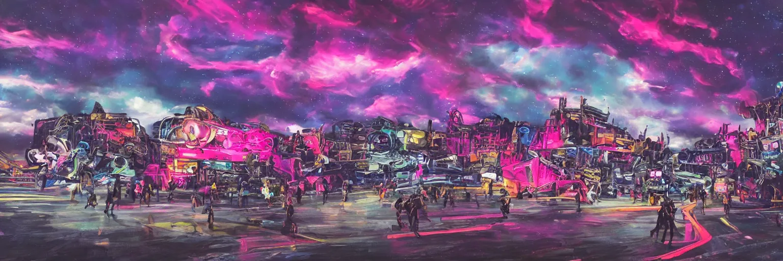 Image similar to oil painting, the middle view, spase dogs and punks running with neon mohawks, space, dark, stars, pink, pirate neon ship with punks on board, neon, rich deep colors masterpiece, ultra detailed, contrast, lots of roman arches, clouds, sky, volumetric light, atmospheric lighting, dramatic, cinematic, moody, octane render 4 k, 8 k