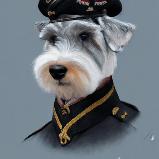 Image similar to portrait of stoic looking miniature schnauzer, military uniform, black fir, white eyebrows, fantasy, intricate, elegant, highly detailed, autumn color, rustic, centered, dark, smokey, charcoal painting, digital painting, artstation, concept art, smooth, sharp focus, illustration, art by artgerm and greg rutkowski and alphonse mucha