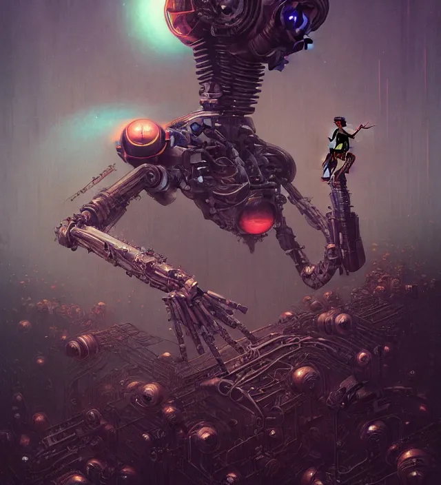 Image similar to anthropomorphic artificial intelligence working endlessly as a salve inside a hell digital world, being controlled by an infinite amount of human beings, vintage soft grainy, dark synthwave, in the style of Oscar chichoni and Peter mohrbacher and Dawid planet