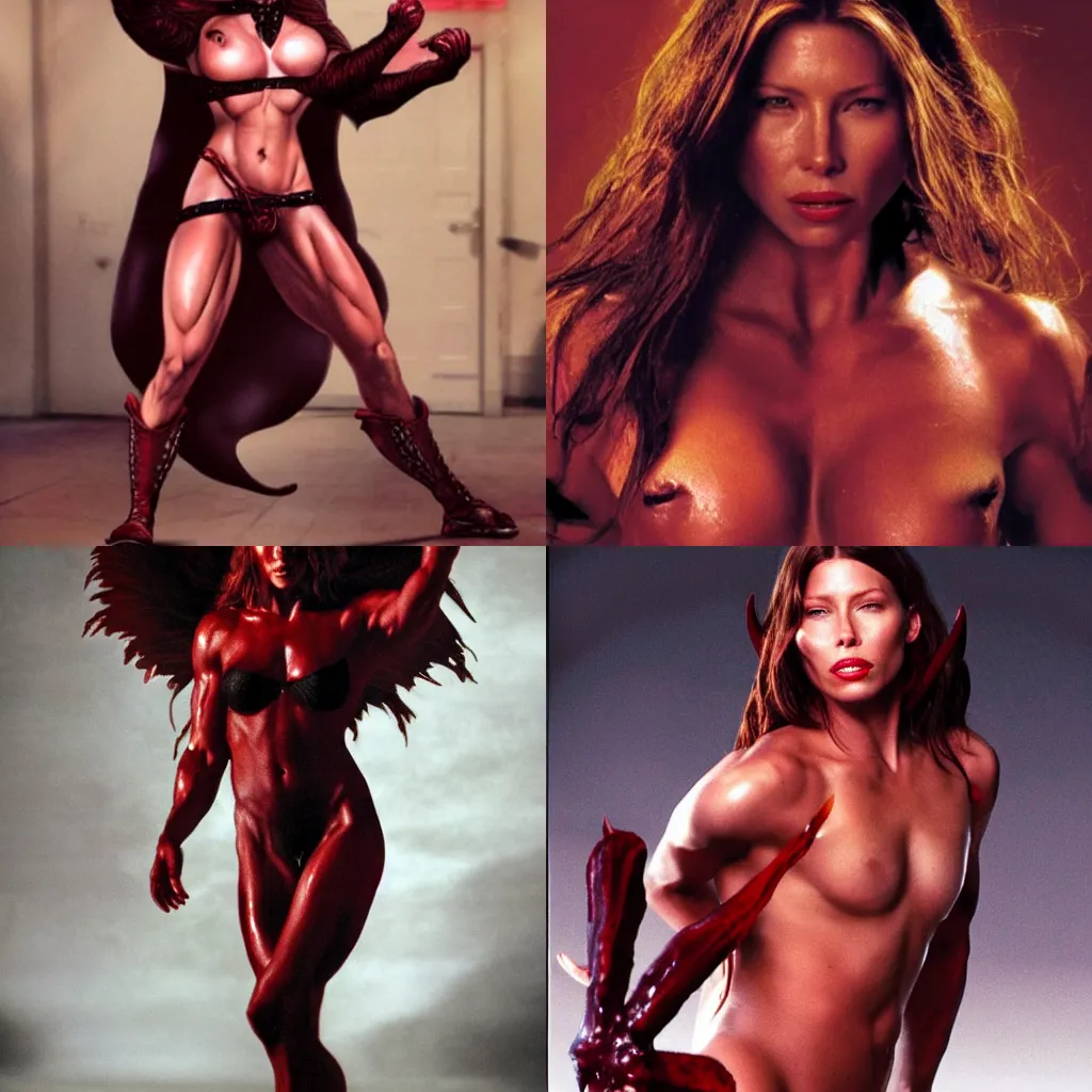 Prompt: muscular jessica biel as a red - skinned succubus