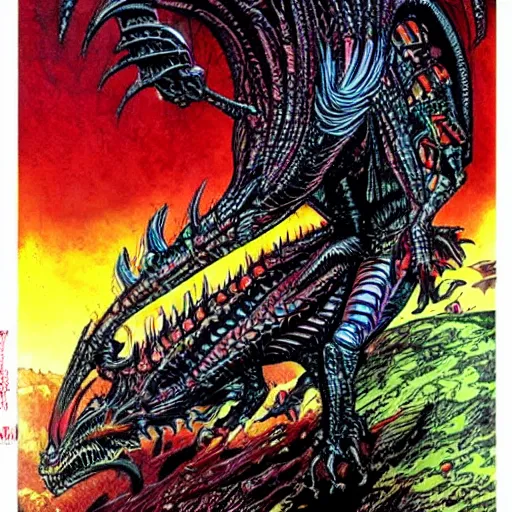 Image similar to an epic demonic alien dragon demigod descending from the cosmos to consume the earth, philippe druillet art