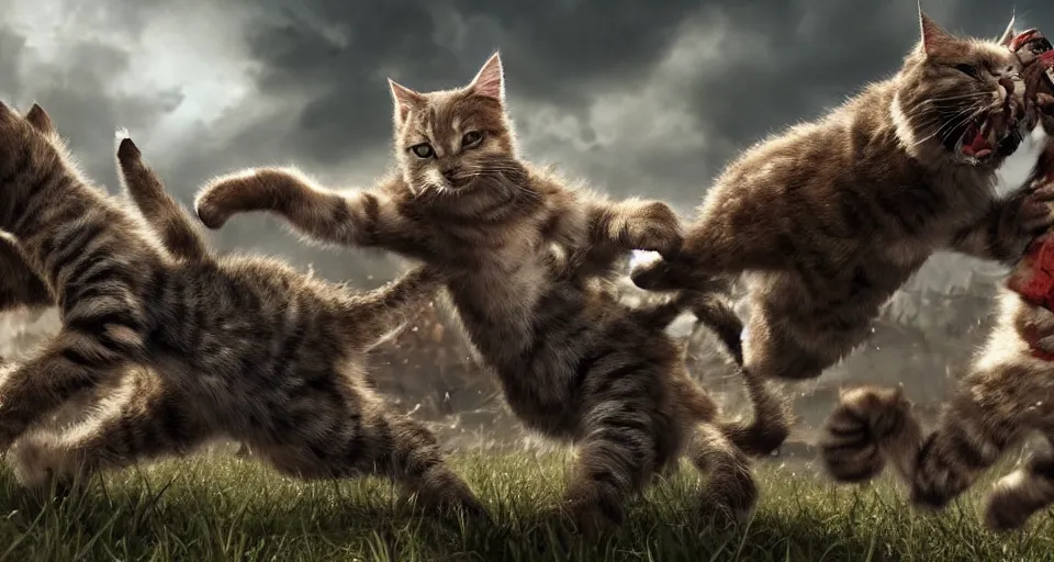 Prompt: epic battle scene of cats fighting humans, the last stand, Epic Background, highly detailed, sharp focus, 8k, 35mm, cinematic lighting