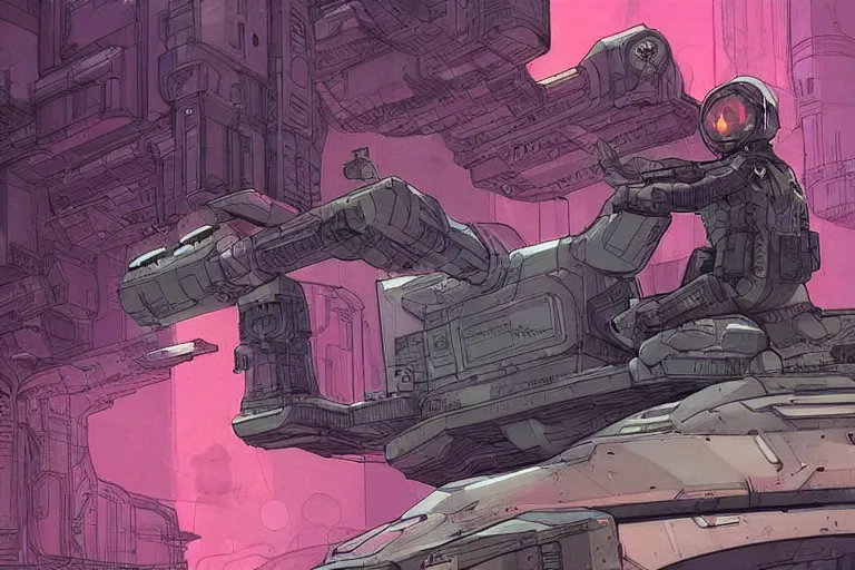 Image similar to comic book illustration, an android soldier sits on the turret of a futuristic tank, cyberpunk concept art by josan gonzales and Moebius, highly detailed, intricate, sci-fi, sharp focus, Trending on Artstation HQ, deviantart