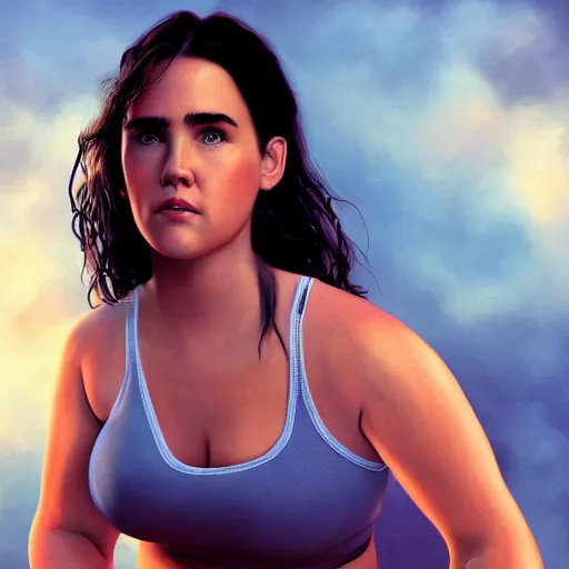 Image similar to overweight young Jennifer Connelly, realistic, photo studio, HDR, 8k, trending on artstation